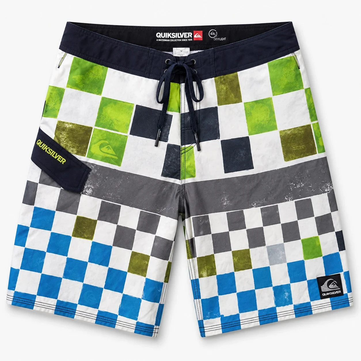 Detalle del estampado patchwork y del logotipo Quiksilver